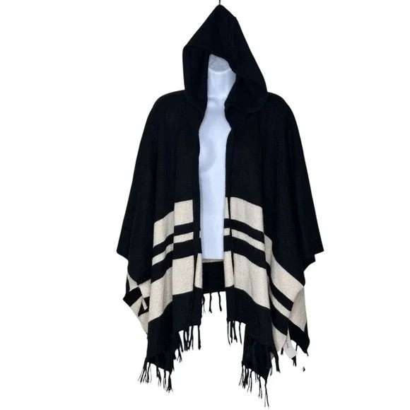 FRAME Baby Alpaca Poncho Block Striped Fringe Black Bone Hooded Cape Cozy Knit - Picture 2 of 10